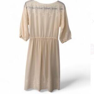 Vintage Cream Sheer Midi Dress with Floral Embroidery